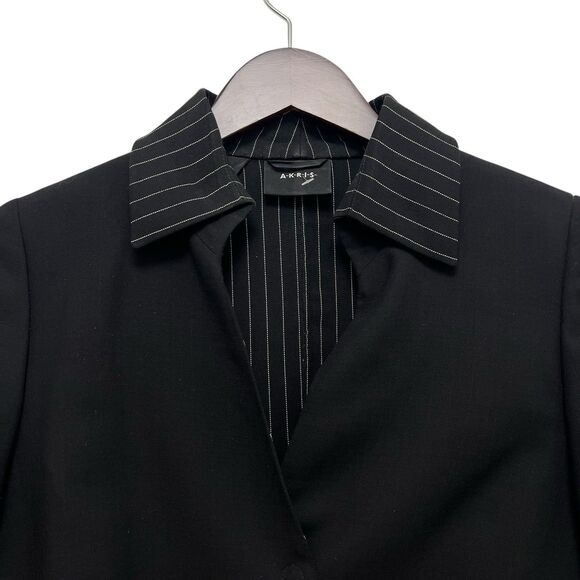 AKRIS Black Pinstripe 2 Piece Blazer Jacket Skirt Set Suit Career Womens Size 10 - Picture 3 of 15